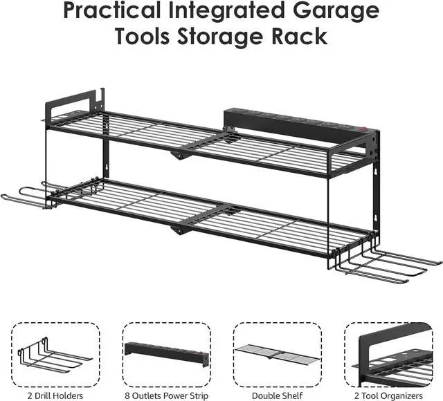 Alt view image 4 of 7 - Large Garage Tools Storage with Charging Station. Power Tool Battery Organizer Utility Shelf with Power Strip. 4 Drills Holder Wall Mount Rack.