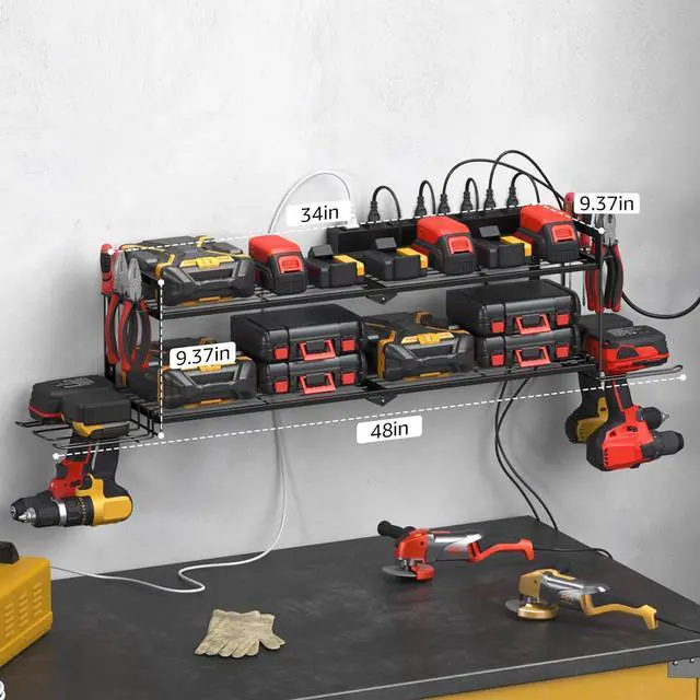 Alt view image 6 of 7 - Large Garage Tools Storage with Charging Station. Power Tool Battery Organizer Utility Shelf with Power Strip. 4 Drills Holder Wall Mount Rack.