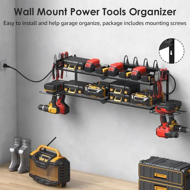 Alt view image 3 of 7 - Large Garage Tools Storage with Charging Station. Power Tool Battery Organizer Utility Shelf with Power Strip. 4 Drills Holder Wall Mount Rack.