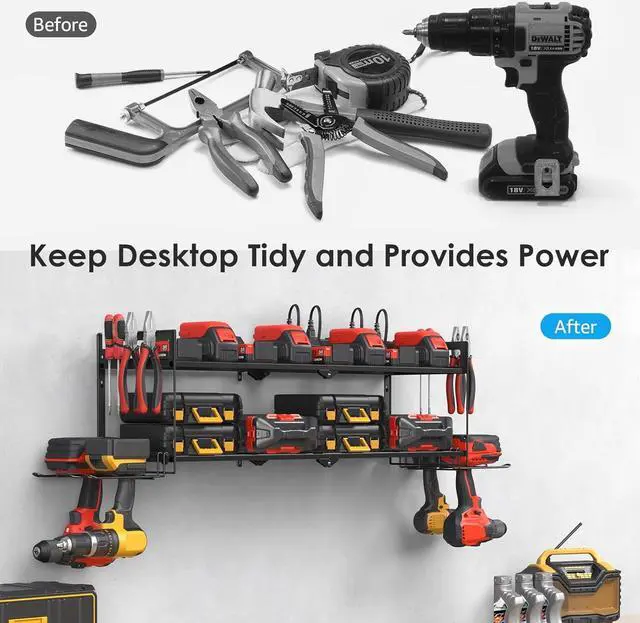 Alt view image 7 of 7 - Large Garage Tools Storage with Charging Station. Power Tool Battery Organizer Utility Shelf with Power Strip. 4 Drills Holder Wall Mount Rack.