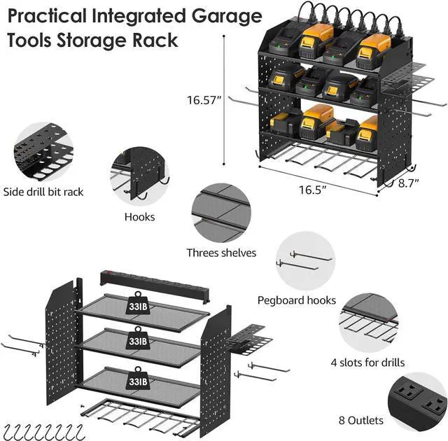 Alt view image 4 of 7 - Modular Pegboard Rack Power Tool Organizer with Charging Station. 4 Layer Wall Mount Drill Holder, Mechanic Tool Battery Charger Organizer. Garage Shop Storage Utility Shelf with Power Strip.