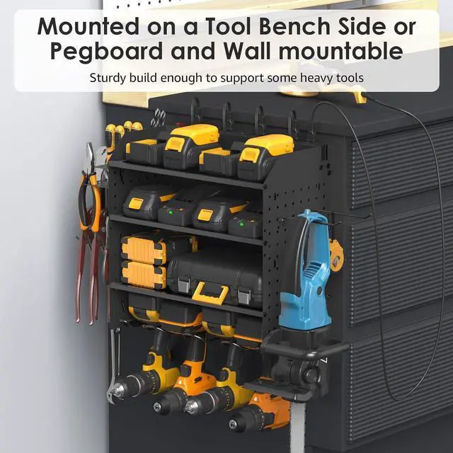 Alt view image 6 of 7 - Modular Pegboard Rack Power Tool Organizer with Charging Station. 4 Layer Wall Mount Drill Holder, Mechanic Tool Battery Charger Organizer. Garage Shop Storage Utility Shelf with Power Strip.