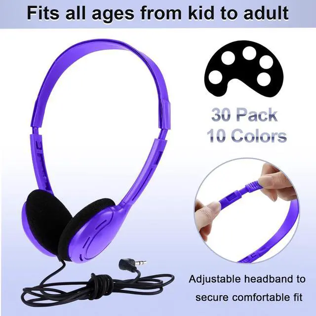 Alt view image 2 of 6 - 30 Pack Class Set Headphones for Kids Students School Classroom Headphones Bulk Over the Ear Earphones Adjustable with 3.5 mm Jack for Library Children Adults Christmas Office Gifts (Classic Colors)