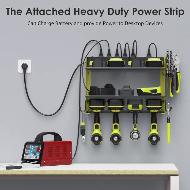 Alt view image 3 of 7 - Modular Power Tool Organizer Wall Mount with Charging Station. Garage 4 Drill Storage Shelf with Hooks, Screwdriver, Drill Bit Heavy Duty Rack, Tool Battery Holder Built in 8 Outlet Power Strip. Green