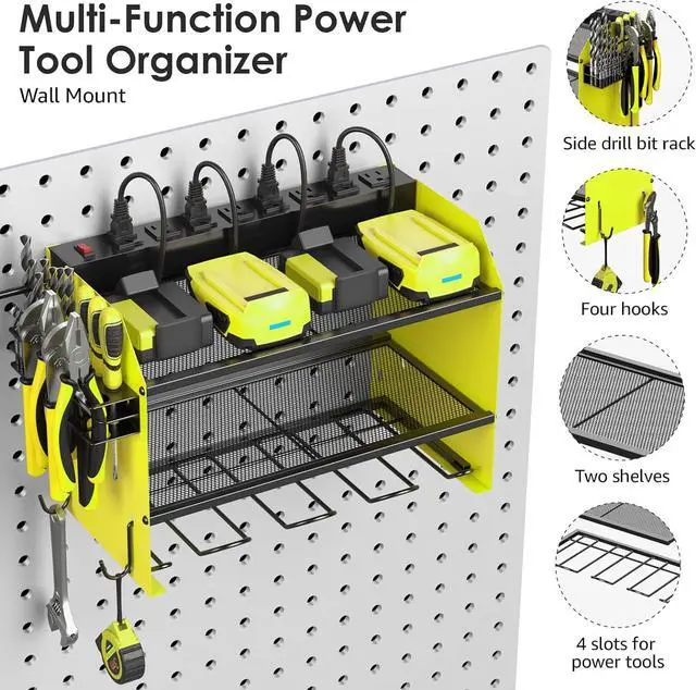 Alt view image 5 of 7 - Modular Power Tool Organizer Wall Mount with Charging Station. Garage 4 Drill Storage Shelf with Hooks, Screwdriver, Drill Bit Heavy Duty Rack, Tool Battery Holder Built in 8 Outlet Power Strip. Green