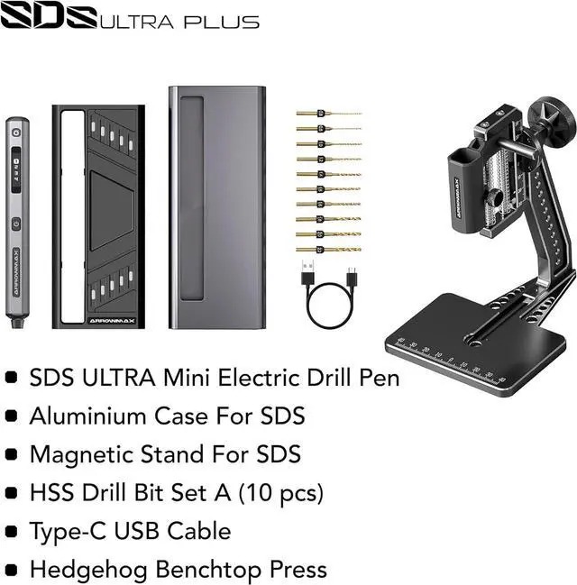 Alt view image 4 of 5 - 4-Speed Electric Mini Drill Pen with Hedgehog Benchtop Press, 10 Small Drill Bits with Aluminium Box, OLED Display, LED Lights, 3/32-Inch Keyless Chuck