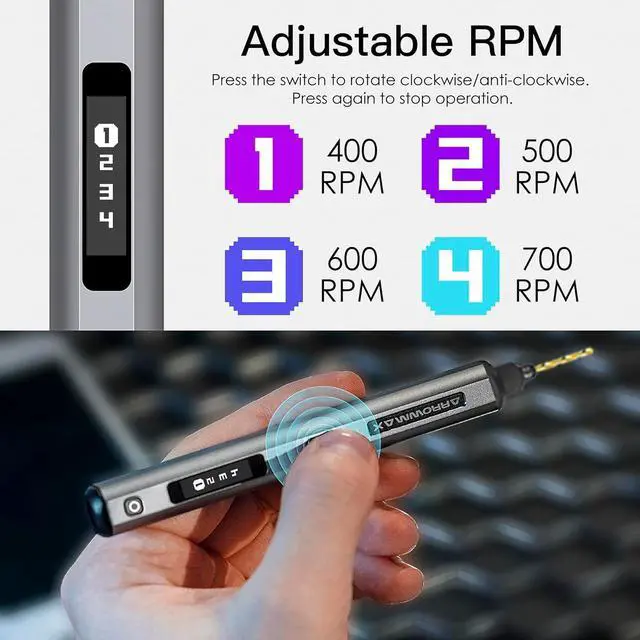 Alt view image 2 of 5 - 4-Speed Electric Mini Drill Pen with Hedgehog Benchtop Press, 10 Small Drill Bits with Aluminium Box, OLED Display, LED Lights, 3/32-Inch Keyless Chuck