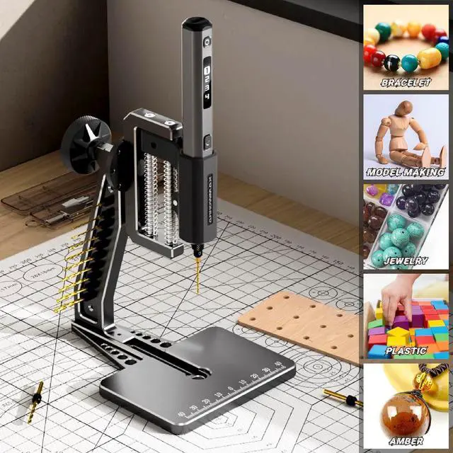 Alt view image 5 of 5 - 4-Speed Electric Mini Drill Pen with Hedgehog Benchtop Press, 10 Small Drill Bits with Aluminium Box, OLED Display, LED Lights, 3/32-Inch Keyless Chuck