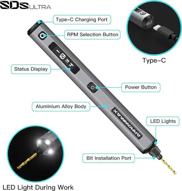 Alt view image 3 of 5 - 4-Speed Electric Mini Drill Pen with Hedgehog Benchtop Press, 10 Small Drill Bits with Aluminium Box, OLED Display, LED Lights, 3/32-Inch Keyless Chuck