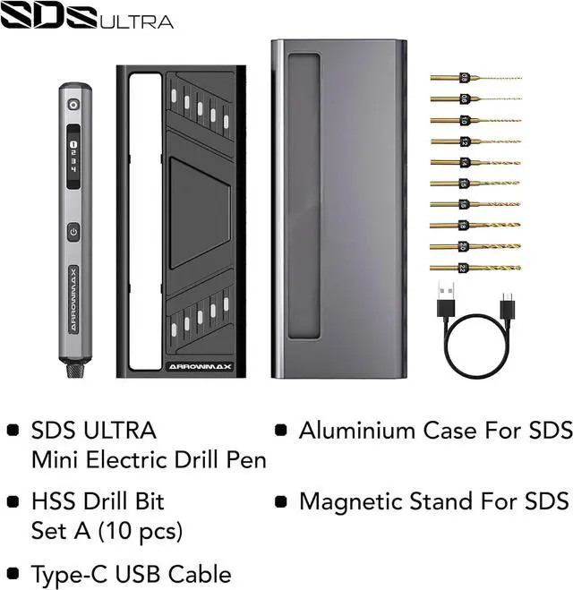 Alt view image 6 of 6 - 4-Speed Electric Mini Drill Pen,10 Small Drill Bits with Aluminium Box, OLED Display, LED Lights, Resin Drill Set For Jewelry Making,Plastic,Wood