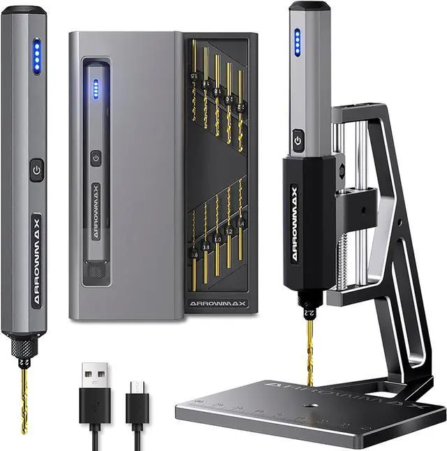 Main image of Electric Drill 15 in 1 with Benchtop Press, Cordless, LED Lights, Needle Vise Hand Drill Kit, 10 HSS Drill bits, 3/32-Inch Keyless Chuck, Variable Direction