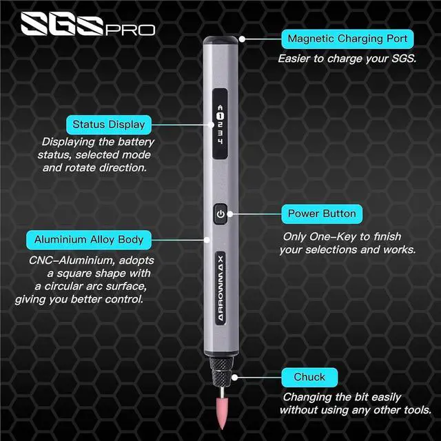 Alt view image 3 of 7 - Electric Engraving Pen, Polishing Pen with 42 Bits, Aluminum Case, Smart Motion Control, OLED, APP, Wireless Magnetic Charger, Tool Bag, for Jewelry, Wood, Glass, Carving (SGS PRO PLUS)