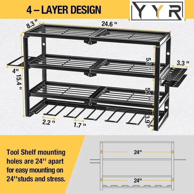 Alt view image 2 of 7 - 4 Layer Power Tool Organizer Wall Mount, Cordless Drill Hanger Storage Rack, Battery Tools Holder with Charging Station Shelf for Garage Organization, Workshop, Pegboard, Shed - 24 Inch 6 Slots