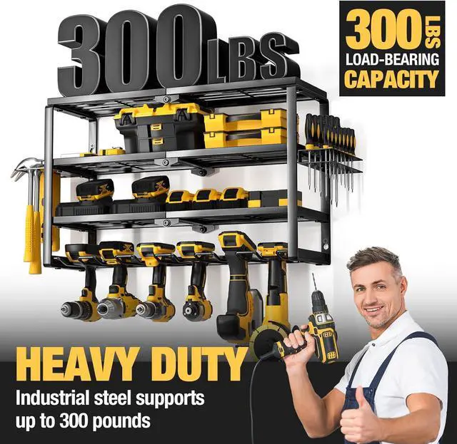 Alt view image 5 of 7 - 4 Layer Power Tool Organizer Wall Mount, Cordless Drill Hanger Storage Rack, Battery Tools Holder with Charging Station Shelf for Garage Organization, Workshop, Pegboard, Shed - 24 Inch 6 Slots
