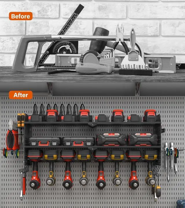 Alt view image 5 of 7 - Large Pegboard Power Tool Organizer with Charging Station, 8 Drills Driver and Tools Battery Holder Wall Mount with 8 Outlet Power Strip, Black 3-Layer Shop Garage Storage Utility Rack