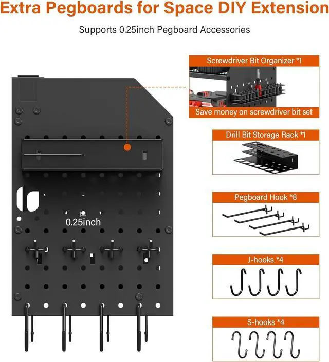 Alt view image 3 of 7 - Large Pegboard Power Tool Organizer with Charging Station, 8 Drills Driver and Tools Battery Holder Wall Mount with 8 Outlet Power Strip, Black 3-Layer Shop Garage Storage Utility Rack