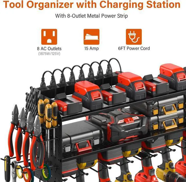 Alt view image 2 of 7 - Large Pegboard Power Tool Organizer with Charging Station, 8 Drills Driver and Tools Battery Holder Wall Mount with 8 Outlet Power Strip, Black 3-Layer Shop Garage Storage Utility Rack