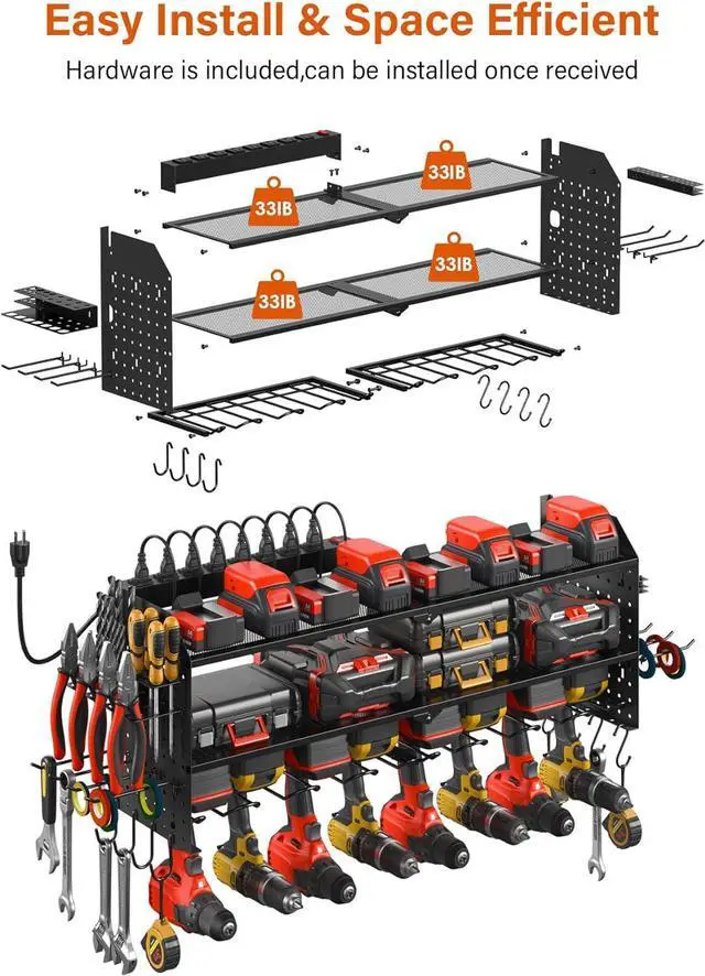 Alt view image 6 of 7 - Large Pegboard Power Tool Organizer with Charging Station, 8 Drills Driver and Tools Battery Holder Wall Mount with 8 Outlet Power Strip, Black 3-Layer Shop Garage Storage Utility Rack