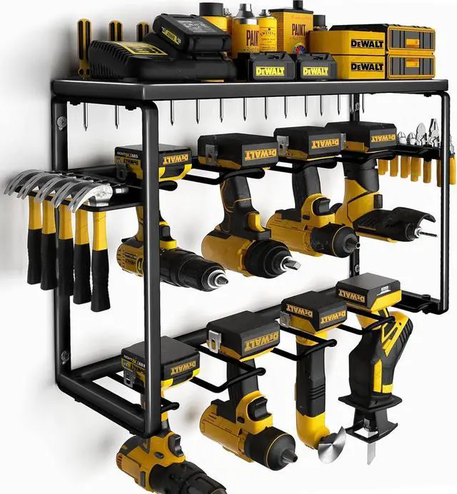 Main image of Power Tool Organizer, 8 Drill Holders Wall Mount, 3 Layer Heavy Duty Metal Storage for Garage Organization, Tools Storage with Hooks, Screwdriver Hammer Holder, Father's Day Men Gifts