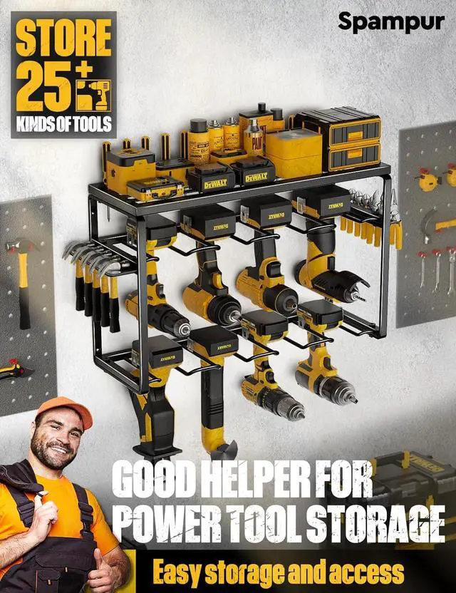 Alt view image 5 of 6 - Power Tool Organizer, 8 Drill Holders Wall Mount, 3 Layer Heavy Duty Metal Storage for Garage Organization, Tools Storage with Hooks, Screwdriver Hammer Holder, Father's Day Men Gifts