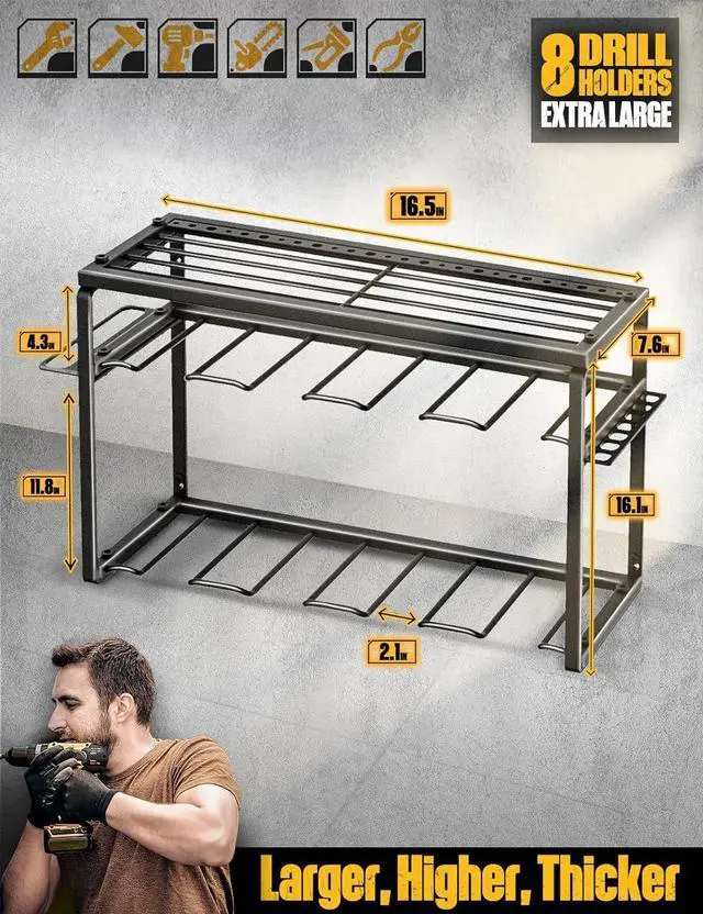 Alt view image 3 of 6 - Power Tool Organizer, 8 Drill Holders Wall Mount, 3 Layer Heavy Duty Metal Storage for Garage Organization, Tools Storage with Hooks, Screwdriver Hammer Holder, Father's Day Men Gifts
