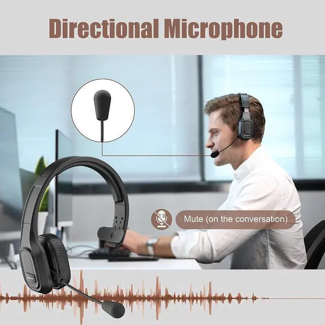 Alt view image 6 of 7 - Trucker Bluetooth Headset V5.0, Wireless Headset with Noise Canceling&Mute Microphone for Cell Phones, On Ear Bluetooth Headphone for Computer, Zoom Meetings, Skype, Home Office