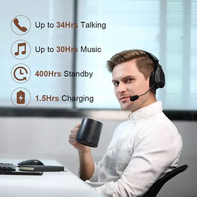 Alt view image 5 of 7 - Trucker Bluetooth Headset V5.0, Wireless Headset with Noise Canceling&Mute Microphone for Cell Phones, On Ear Bluetooth Headphone for Computer, Zoom Meetings, Skype, Home Office
