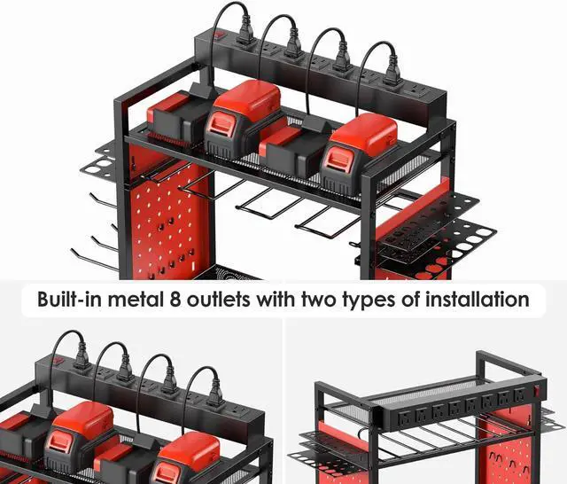 Alt view image 2 of 6 - Power Tool Organizer Cart with Charging Station, Garage Floor Rolling Storage Cart on Wheels for Mechanic, Mobile 6 Drill, Tool Box Utility Cart with Battery Charging Power Strip, Red.