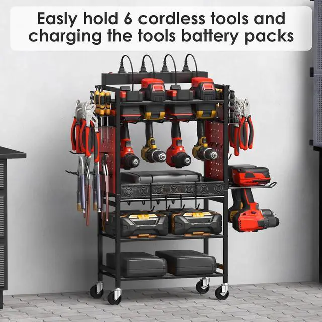 Alt view image 6 of 6 - Power Tool Organizer Cart with Charging Station, Garage Floor Rolling Storage Cart on Wheels for Mechanic, Mobile 6 Drill, Tool Box Utility Cart with Battery Charging Power Strip, Red.