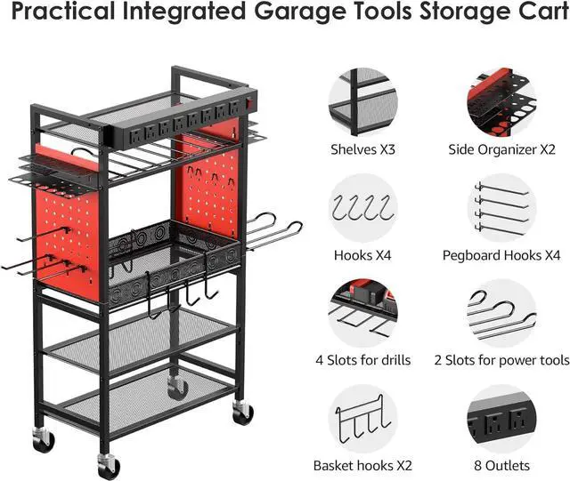 Alt view image 3 of 6 - Power Tool Organizer Cart with Charging Station, Garage Floor Rolling Storage Cart on Wheels for Mechanic, Mobile 6 Drill, Tool Box Utility Cart with Battery Charging Power Strip, Red.