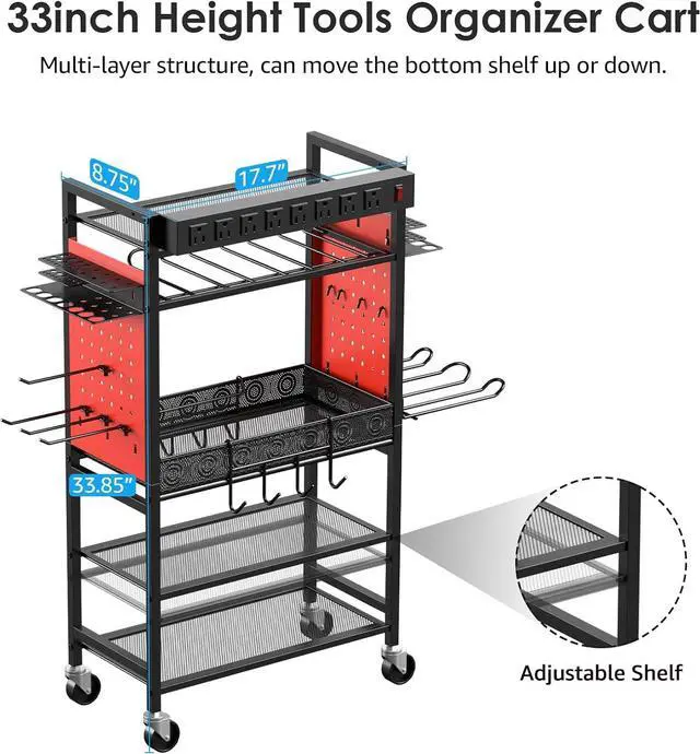 Alt view image 5 of 6 - Power Tool Organizer Cart with Charging Station, Garage Floor Rolling Storage Cart on Wheels for Mechanic, Mobile 6 Drill, Tool Box Utility Cart with Battery Charging Power Strip, Red.