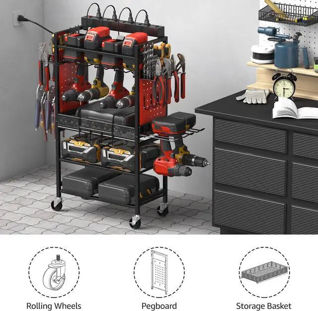 Alt view image 4 of 6 - Power Tool Organizer Cart with Charging Station, Garage Floor Rolling Storage Cart on Wheels for Mechanic, Mobile 6 Drill, Tool Box Utility Cart with Battery Charging Power Strip, Red.