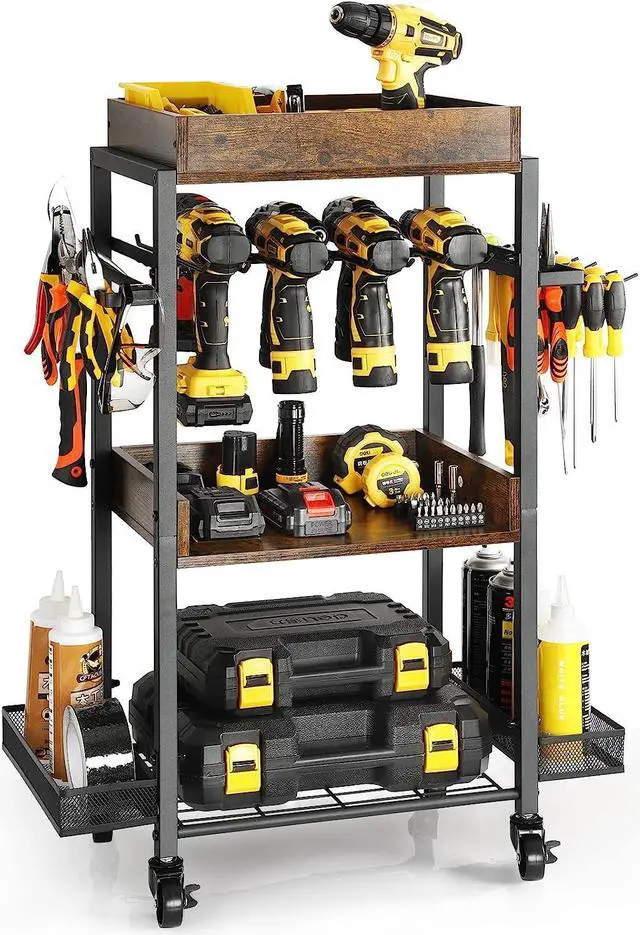 Main image of Power Tool Organizer Garage Storage Organization Shelving Tool Holder Drill Rack Shelf Rolling Cart Open Tool Chest Cabinet Box Organizer with Wheels Workshop Garage Gift Ideas for Men Dad