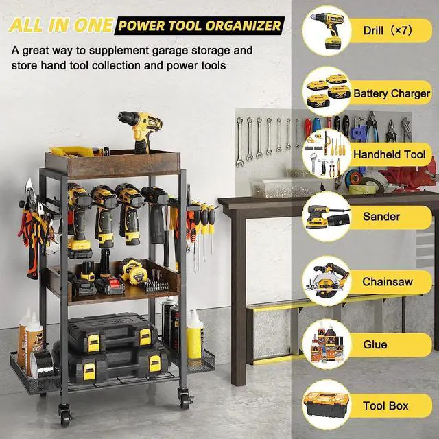 Alt view image 2 of 7 - Power Tool Organizer Garage Storage Organization Shelving Tool Holder Drill Rack Shelf Rolling Cart Open Tool Chest Cabinet Box Organizer with Wheels Workshop Garage Gift Ideas for Men Dad