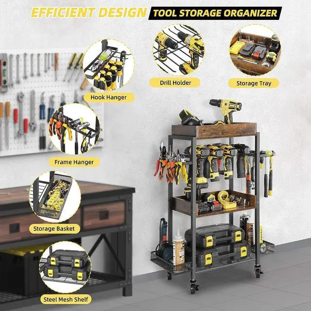 Alt view image 3 of 7 - Power Tool Organizer Garage Storage Organization Shelving Tool Holder Drill Rack Shelf Rolling Cart Open Tool Chest Cabinet Box Organizer with Wheels Workshop Garage Gift Ideas for Men Dad