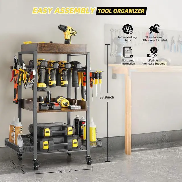 Alt view image 7 of 7 - Power Tool Organizer Garage Storage Organization Shelving Tool Holder Drill Rack Shelf Rolling Cart Open Tool Chest Cabinet Box Organizer with Wheels Workshop Garage Gift Ideas for Men Dad