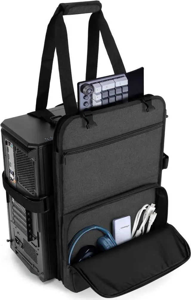 Main image of PC Tower Carrying Strap with Handle, Desktop Carrying Case with Pockets for Keyboard, Cable and Computer Accessories, Ideal for Transporting On The Go (Patented Design)