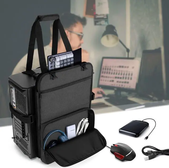 Alt view image 6 of 7 - PC Tower Carrying Strap with Handle, Desktop Carrying Case with Pockets for Keyboard, Cable and Computer Accessories, Ideal for Transporting On The Go (Patented Design)