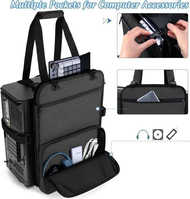 Alt view image 2 of 7 - PC Tower Carrying Strap with Handle, Desktop Carrying Case with Pockets for Keyboard, Cable and Computer Accessories, Ideal for Transporting On The Go (Patented Design)