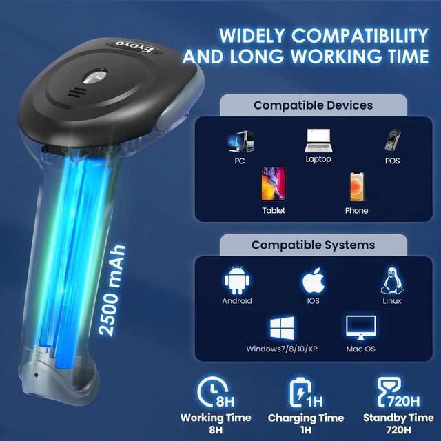 Alt view image 6 of 7 - 2D Bluetooth Barcode Scanner Wireless, 2500mAh Handheld Cordless USB Wired QR Bar Code Reader for Library, Warehouse Inventory Compatible with iPad, Android Phone, iPhone, Laptop