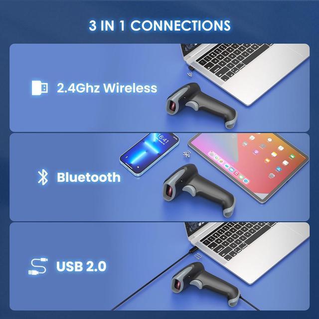 Alt view image 2 of 7 - 2D Bluetooth Barcode Scanner Wireless, 2500mAh Handheld Cordless USB Wired QR Bar Code Reader for Library, Warehouse Inventory Compatible with iPad, Android Phone, iPhone, Laptop