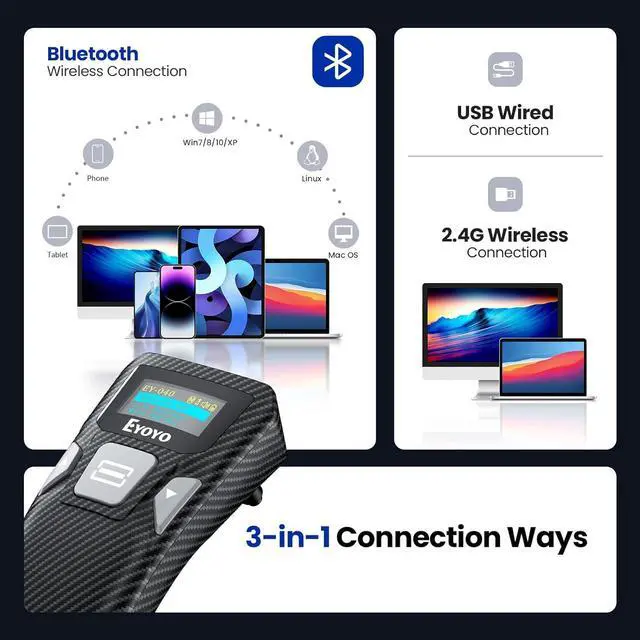 Alt view image 6 of 7 - Portable Mini 2D Bluetooth Barcode Scanner, Smart Digital Display to Set, Wireless&USB Wired 1D 2D UPC QR Code Scanner Reader for Book Library Compatible with Android Phone, iPhone, iPad, Laptop