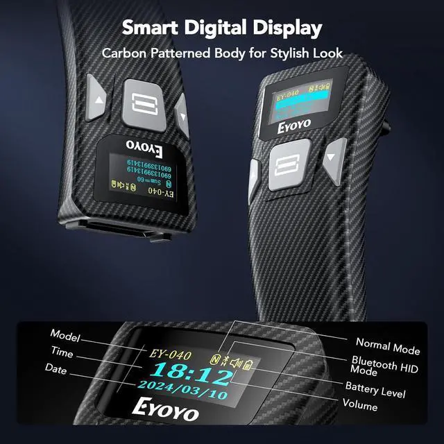 Alt view image 2 of 7 - Portable Mini 2D Bluetooth Barcode Scanner, Smart Digital Display to Set, Wireless&USB Wired 1D 2D UPC QR Code Scanner Reader for Book Library Compatible with Android Phone, iPhone, iPad, Laptop