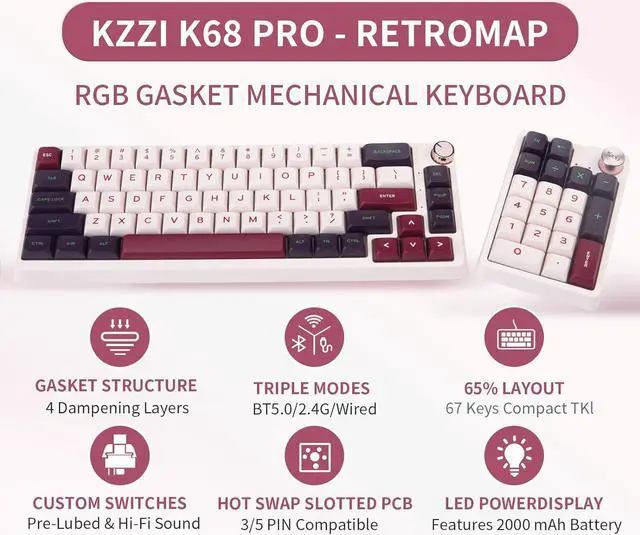 Alt view image 2 of 6 - Computer Keyboard Kit - Compact Bluetooth 5.0/2.4GHz/Wired RGB Gaming Keyboard, Gasket Mount, Silent Typewritter Keyboard Dampener Foams,Office PC Keyboard Compatible with Windows, macOS - Purple