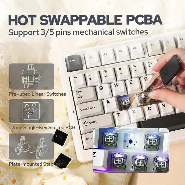 Alt view image 3 of 7 - Wireless Mechanical Keyboard, Hot Swappable Gasket Custom Gaming Keyboard with Five-Layer Padding, Bluetooth/2.4GHz/USB-C, 8000mAh Battery (White Grey, Graywood V3 Switch)