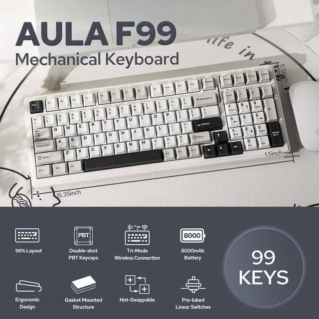 Alt view image 2 of 7 - Wireless Mechanical Keyboard, Hot Swappable Gasket Custom Gaming Keyboard with Five-Layer Padding, Bluetooth/2.4GHz/USB-C, 8000mAh Battery (White Grey, Graywood V3 Switch)