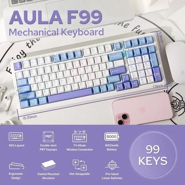 Alt view image 2 of 7 - Wireless Mechanical Keyboard, Hot Swappable Gasket Custom Gaming Keyboard with Five-Layer Padding, Bluetooth/2.4GHz/USB-C, 8000mAh Battery (Blue White, Graywood V3 Switch)