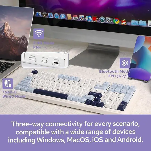Alt view image 4 of 7 - Wireless Mechanical Keyboard, Hot Swappable Gasket Custom Gaming Keyboard with Five-Layer Padding, Bluetooth/2.4GHz/USB-C, 8000mAh Battery (Blue White, Graywood V3 Switch)
