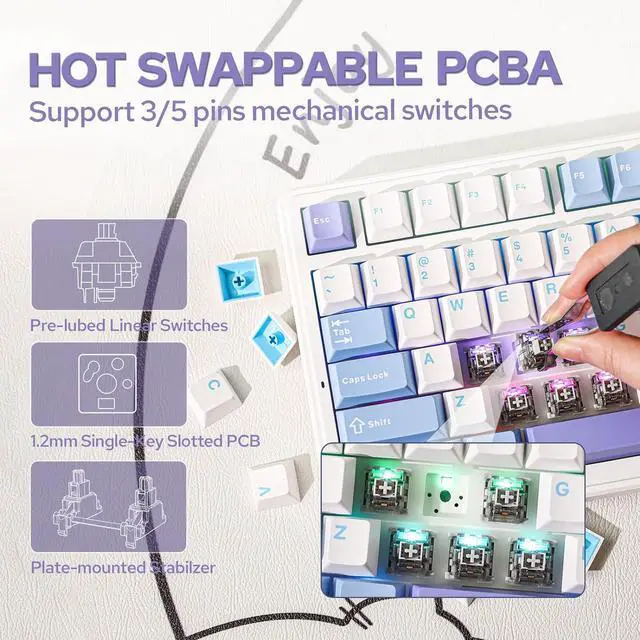Alt view image 3 of 7 - Wireless Mechanical Keyboard, Hot Swappable Gasket Custom Gaming Keyboard with Five-Layer Padding, Bluetooth/2.4GHz/USB-C, 8000mAh Battery (Blue White, Graywood V3 Switch)