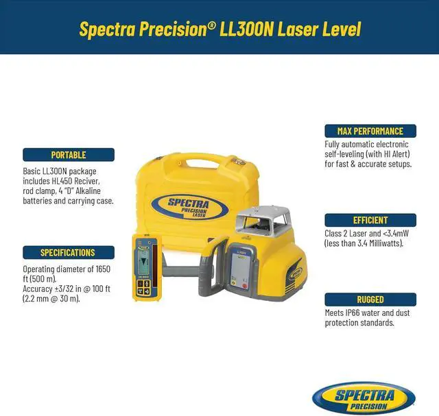 Alt view image 2 of 6 - Spectra Precision LL300N Laser Level, Self Leveling Kit with HL450 Receiver, Clamp, Alkaline Batteries Black